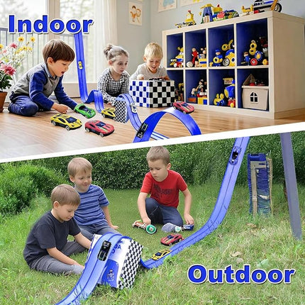15FT Flexible Race Track for Kids - 2 Lane Blue Car Track for Toy Cars with 4 Race Cars & Suction Cups, Foldable Flex Track Set Compatible with 1/64 Scale Models for Boys Girls 3+