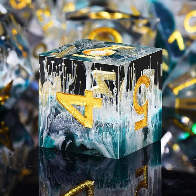 AUSTOR 7-Die DND Dice Set Handmade Sharp Edge Polyhedral Dice for Dungeons and Dragons RPG MTG Table Games（Wave Green）