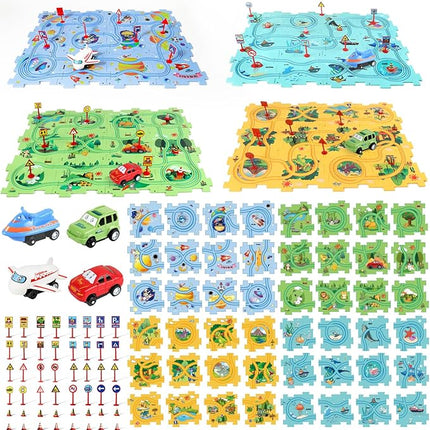 Puzzle Racer Kids Car Track Set, Kids Toys Boys 3-5, Gift for 3 4 5 6 Year Old Boys, Montessori Toys for 3+ Year Old(100Pcs, 4 Themes)