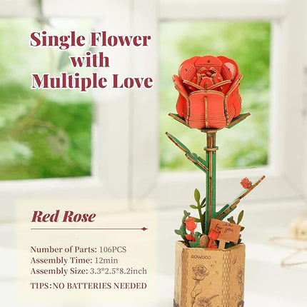 rowood 3D Puzzle Wooden Flower,DIY Artifical Flower Building Toy Set Craft Kit for Women,Mother's Day/Valentine's Day/Teacher's Day/Thanksgiving/Christmas/Birthday Choice-Red Rose
