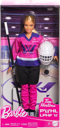 Tim Hortons' Barbie Doll PWHL 2025 Fashion Doll in Pink, Purple, & Teal Hockey Jersey, Includes Hockey Stick, Puck, and Helmet