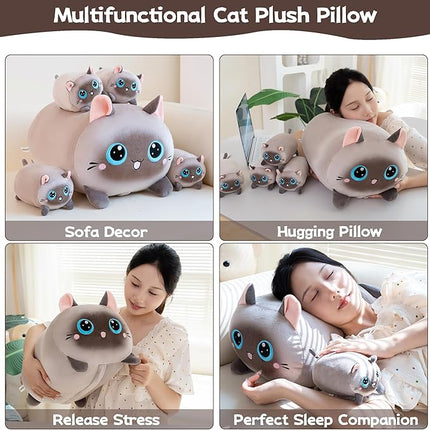 Siamese Cat Plush Stuffed Animals with 4 Kitties Plushies,16" Soft Jumbo Pillow Gifts for Kids Him Her Girlfriend Boyfriend