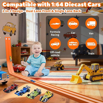 15 Ft Flexible Race Car Track for Kids, Double-Sided Racetrack with Suction Cups, Compatible with Hot Wheels & 1:64 Diecast Cars,Portable Roll Up Track Toy,Gift for Boys Girls Ages 3+ (Orange)