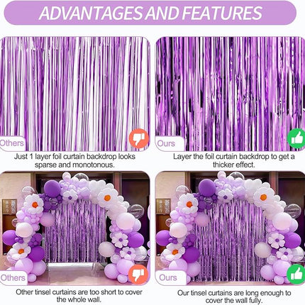 2 Pack Purple Foil Fringe Curtains Door Streamers Party Decorations 3.3 x 8.2 ft, Tinsel Curtain Fringe Backdrop for Parties, Door Fringe Birthday Streamers, Photo Booth Backdrops, Party Decor