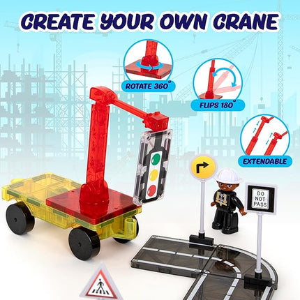 Playmags City Construction Magnetic Tiles Set, Building Blocks with Crane & Road Pieces, Educational STEM Toys for Boys & Girls Ages 3+ 52-Piece