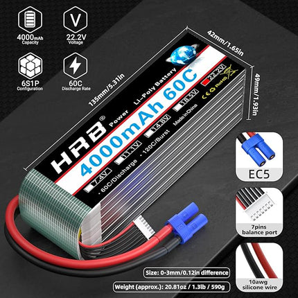 HRB 2pcs 6S Lipo Battery EC5 22.2V 4000mAh 60C RC Lipo Battery Compatible with RC Quadcopter Helicopter Car Truck Boat Hobby