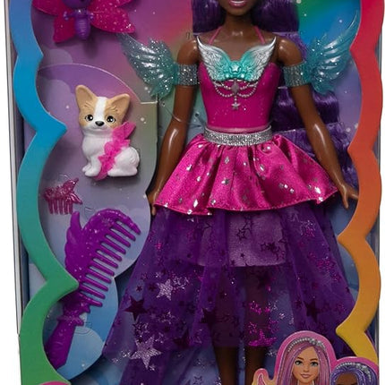 Barbie A Touch of Magic Fashion Doll, Brooklyn with Wing-Detailed Dress, 7-inch Long Colorful Hair, 2 Fantasy Pets & Accessories