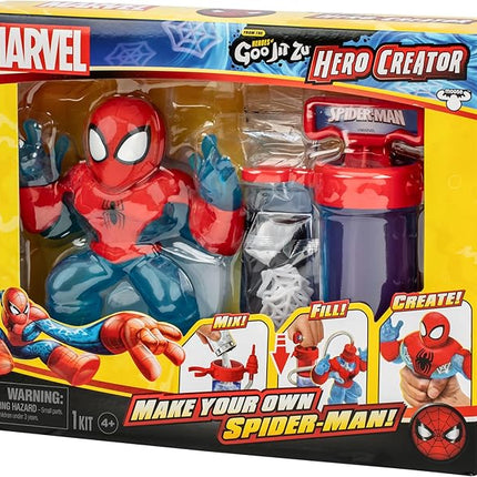 Heroes of Goo Jit Zu Marvel Hero Creator Spider-Man with 3 Unique Goo Fillings, Mix, Fill & Create Your Own Stretchy Spider-Man Hero of Goo JIT Zu Action Figure, Mix, Fill & Create Again and Again.