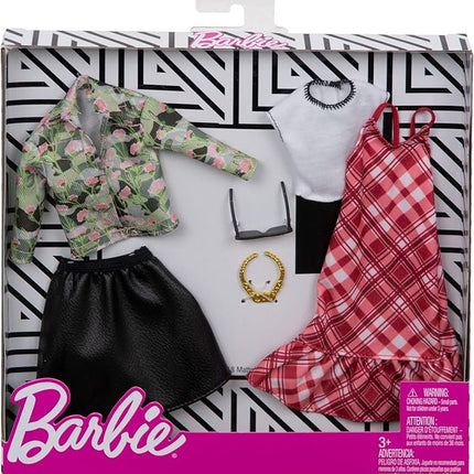 Barbie Clothes - 2 Outfits Doll Include Floral Denim Jacket and Leathery Black Skirt, Gift for 3 to 8 Year Olds