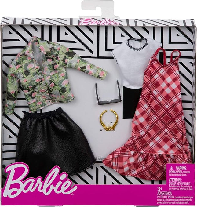 Barbie Clothes - 2 Outfits Doll Include Floral Denim Jacket and Leathery Black Skirt, Gift for 3 to 8 Year Olds
