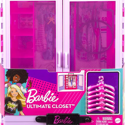 Barbie Fashionistas Ultimate Closet & 6 Hangars, Purple with Fold-Out Rack & Carrying Handle, Portable Storage for Fashion Doll Clothes & Accessories