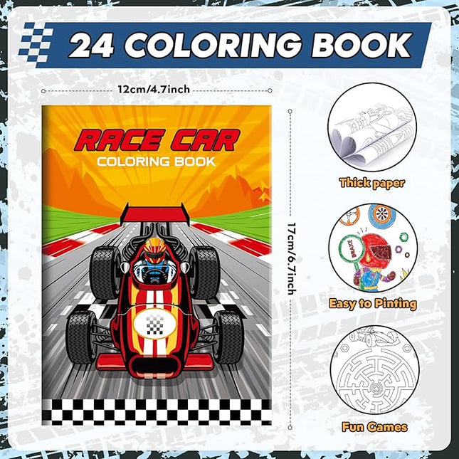BenLouis 24 Pcs Race Car Mini Coloring Books Kids Racing Theme Party Favors Small Activity Books Bulk for Kids Fast Racecar Wheel Birthday Goodie Bags Stuffers Return Gifts Classroom Travel