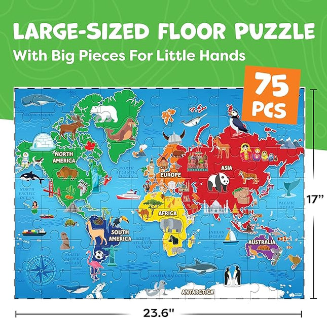 World Map Puzzle for Kids - 75 Piece - World Puzzles with Continents - Childrens Jigsaw Geography Puzzles for Kids Ages 4-8, 5, 6, 7, 8-10 Year Olds - Globe Atlas Puzzle Maps Learning Games Gifts