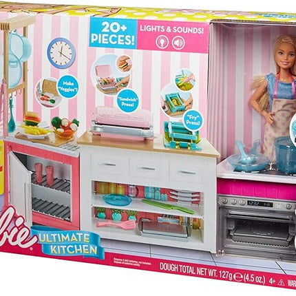 Barbie Kitchen Playset with Doll, Lights & Sounds, Food Molds, 5 Dough Colors and 20+ Accessories