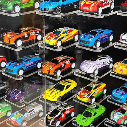 1/64 Cars Display Case with Lighted Wall Mounted Black Display Cabinet with Acrylic Shelves at 45-Degree Angle and Door Storage for 42 Hot Diecast Wheels Toy Cars