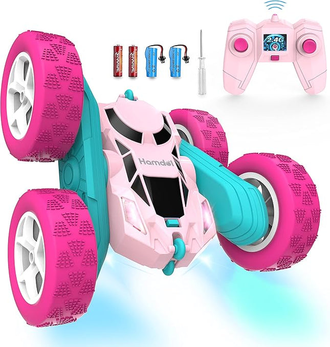 Remote Control Car for Girls Pink RC Car Double Sided 360°Flip Stunt Car with Headlights, Girl Princess Toys Rechargeable Toy Car for 6-7 6-8 9 10-12 Year Old Girls Birthday