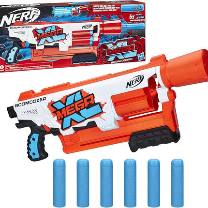 Nerf Mega XL Boom Dozer Blaster, Largest Mega Darts Ever, XL 6-Dart Rotating Drum, 6 Mega XL Whistler Darts, Pump Action,Standard Packaging