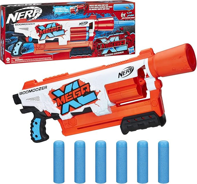 Nerf Mega XL Boom Dozer Blaster, Largest Mega Darts Ever, XL 6-Dart Rotating Drum, 6 Mega XL Whistler Darts, Pump Action,Standard Packaging