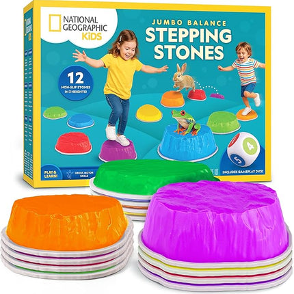 National Geographic Kids Jumbo Balance Stepping Stones – 12 Non-Slip Stepping Stones in 3 Heights with Foam Dice & Play & Learn Cards, Indoor & Outdoor Obstacle Course for Kids Ages 3+