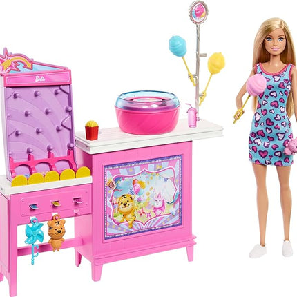 Barbie Mysteries: Beach Detectives Malibu” Doll & Cotton Candy Game Booth Playset with 20 Accessories Including Prizes