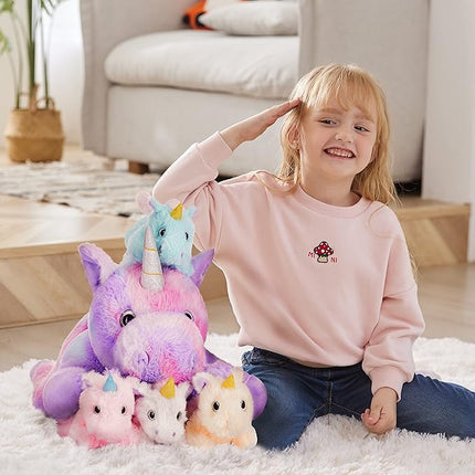 IKASA Mommy Unicorn Toys for Girls Age 4-6，Mom and Baby Stuffed Animal Plush Toy,Small Family Set Toy with Little Babies,Gifts for Kid (Unicorn,18")