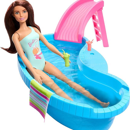 Barbie Doll & Pool Playset, Brunette in Seafoam Blue One-Piece Swimsuit with Pool, Slide, Towel & Drink Accessories