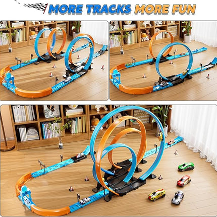 Toy Car Track Set for Boys Kids Age 3-5 4-7 8-12, Long Race Tracks with 4 Action Loops and 4 High-Speed Slot Cars, 35+ Pieces of Race Track to Create Multiple Configurations