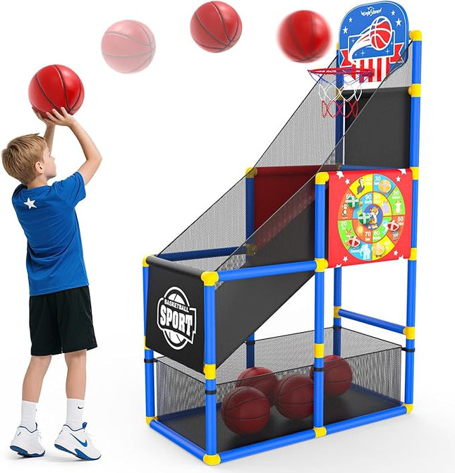 EagleStone 2-in-1 Kids Arcade Basketball Hoop with Dart Board,4 Balls Adjustable Height Basketball Toy Indoor Outdoor Carnival Games Gift for Boys Girls Toddlers Ages 3-8 Years Old,Pump Included