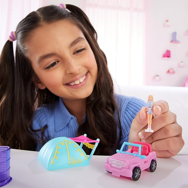 Barbie Mini BarbieLand Playsets with Toy Vehicle & 1.5-inch Doll, SUV with Color-Change Surprise & Tent Accessory