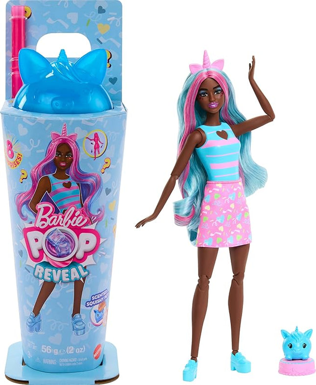 Barbie Pop Reveal Series Doll & Accessories Set, Shakes Series, Scented Unicorn Fashion Doll & Pet, 8 Surprises Include Color Change