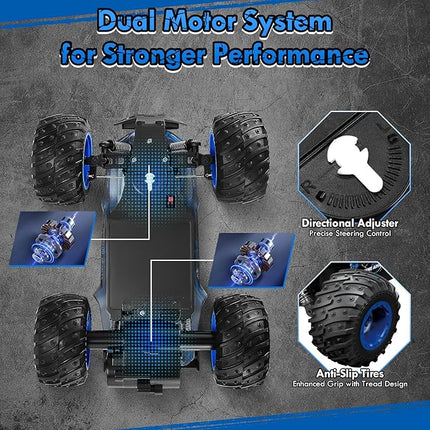 Remote Control Car, 1:18 Scale Rc Cars, All-Terrain RC Truck with LED Light, 20KM/H, Rechargeable, 2WD, 2.4GHz, Sturdy PVC Shell, Remote Control Truck for Boys 4-7 8-12, Beginner