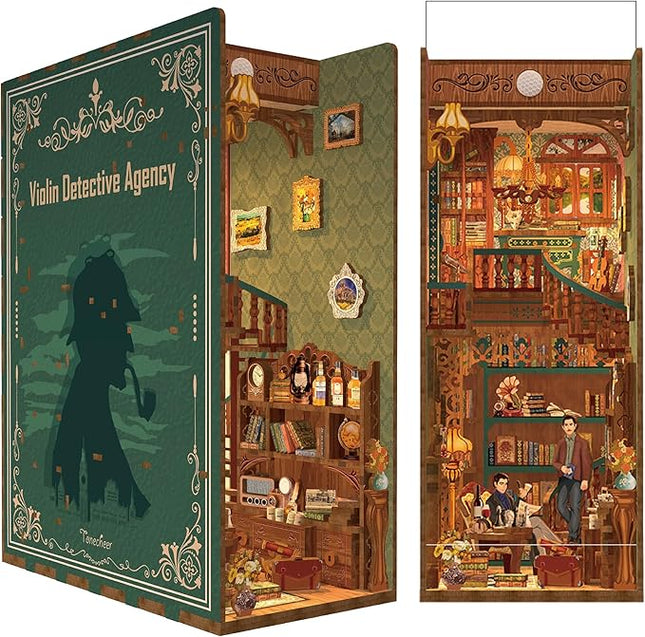 Tonecheer DIY Book Nook Kit for Adults, Wooden 3D Puzzle Bookend Bookshelf Insert Decor, Detective Booknook Miniature House Kit with Dust Cover and Body Motion Sensor LED (Violin Detective Agency)