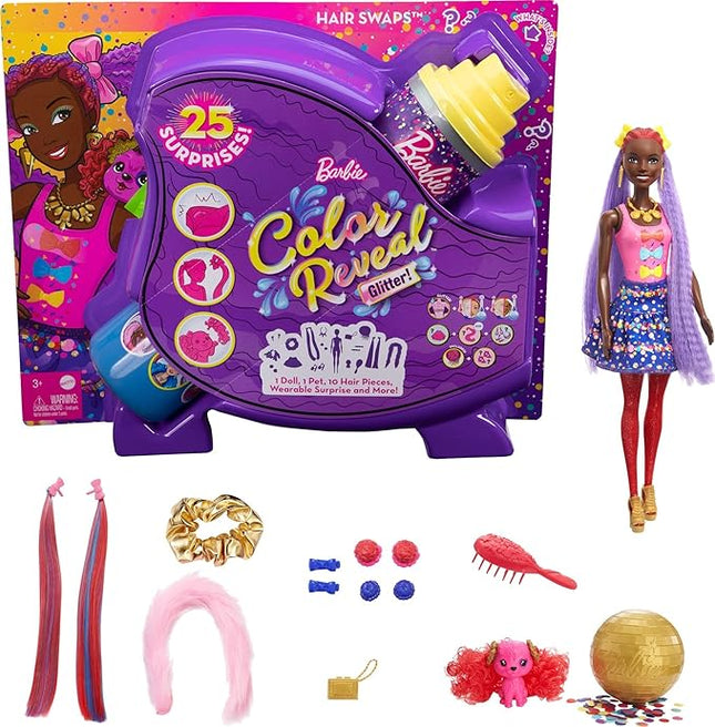 Barbie Color Reveal Glitter! Hair Swaps Doll, Glittery Blue with 25 Hairstyling & Party-Themed Surprises Including 10 Plug-in Hair Pieces, Gift for Kids 3 Years Old & Up