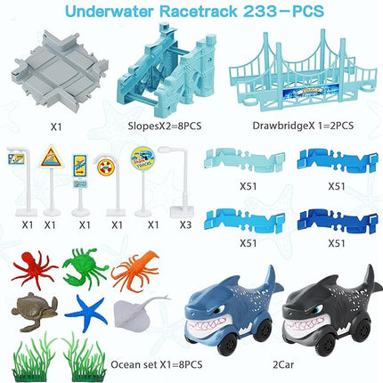 Track Race Car Toys for Kids, Create A Ocean World Race Road, Flexible Tracks Playset & 2PCS Cool Shark Cars, Toddler Toys Birthday Gifts for Age 3 4 5 6 Year Old Boys Girls