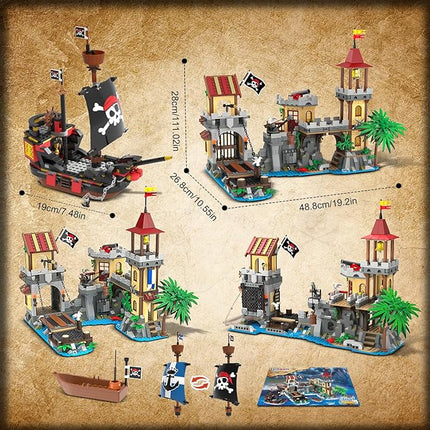 Pirate Castle Building Set with Light, 3 Modes Big Pirates Ship Bay Building Block 1502 PCS, Medieval Pirate Wharf House Construction Model Toy Home Decor for Adults Teens Boys Girls 10+