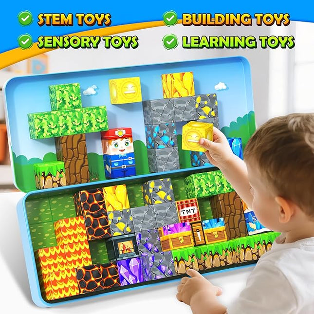 Magnetic Blocks Travel Toys with Metal Tin Travel Essentials STEM Learning Outdoor Building Kids Toddler Toys & Birthday Gifts for Boys Girls Ages 3+