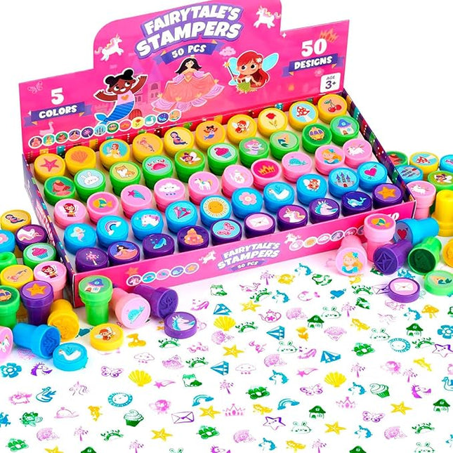 JOYIN 50 Pcs FairyTale's Themed Stamps for Kids - Self-Ink Stamps with 50 Designs for Birthday Party Favor, Carnival Prizes, Goodie Bag, Halloween, Christmas (Mermaid, Princess, Unicorn Stampers)