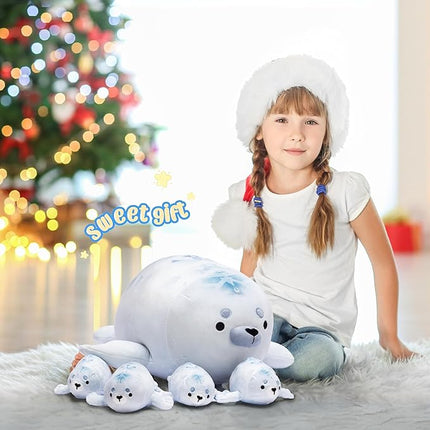 IKASA Mommy Seal Stuffed Animal Mom and Baby Plush Toy, Cute 16" Soft Small Mama Family Set Cuddly Toys with Little Mini Babies,Gifts for Kids