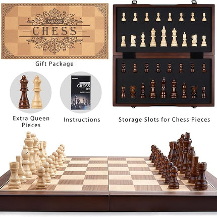 AMEROUS 15'' Magnetic Wooden Chess Set for Adults Kids - with Folding Board, Gift Package, Pieces Storage Slots, Handmade Pieces,Chess Board Game Set for Tournament Professional Beginner