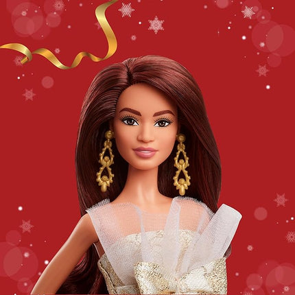 Barbie Signature 2025 Holiday Dark Brown Hair Fashion Doll Wearing Silver & Gold Gown, Seasonal Collector in Displayable Packaging & Stand