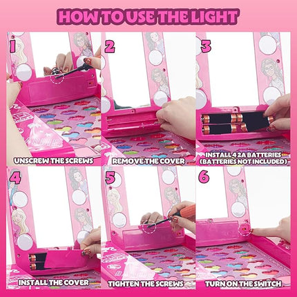 Barbie Beauty Vanity Set with Light-Up Mirror, Includes Lip Gloss, Eye Shadow, Brushes, Nail Polish, Accessories, and More! Ages 3+ Perfect for Parties, Sleepovers, and Makeovers, by Townley Girl