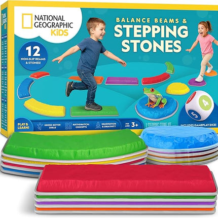 National Geographic Kids Stepping Stones & Balance Beams – 12 Piece Obstacle Course for Kids Ages 3+ with Foam Dice, Play & Learn Cards, Non-Slip Rubber Base, Toddler Indoor & Outdoor Active Play Set