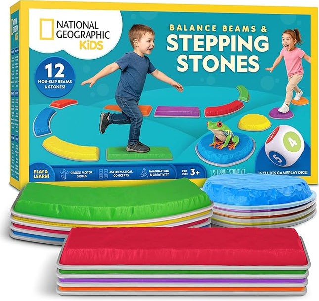National Geographic Kids Stepping Stones & Balance Beams – 12 Piece Obstacle Course for Kids Ages 3+ with Foam Dice, Play & Learn Cards, Non-Slip Rubber Base, Toddler Indoor & Outdoor Active Play Set
