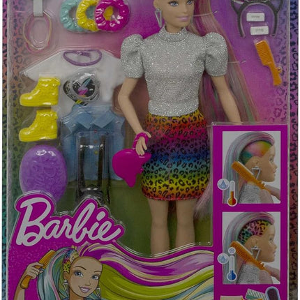 Barbie Doll Leopard Rainbow Hair with Color-Change Highlights & 16 Styling Accessories Including Clothes, Scrunchies, Brush & More