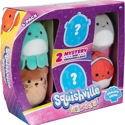 Squishville by Squishmallow Mini Plush Sealife Squad, Six 2” Sea Animals, Irresistebly soft Colorful Plush, Mini Shark, Otter, and Seahorse