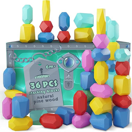 Wooden Stacking Blocks – Montessori Toys for 1 2 3 4 5 6 Year Old Toddlers and Kids, No Choking Hazard – Building Rocks Stones Games, for Girls and Boys