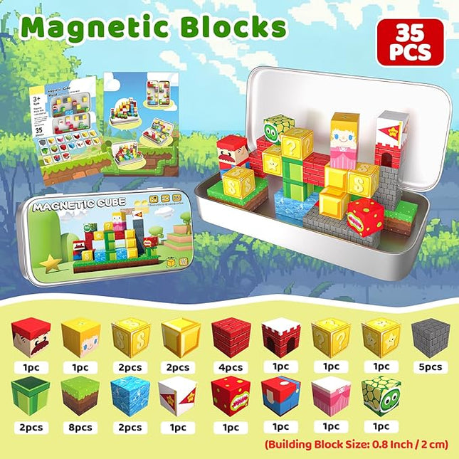 Mini Magnetic Blocks, 35PCS Travel Magnetic Building Cubes with Metal Storage Box, Portable Magnetic Toys Set for Boys & Girls 3-5, Birthday