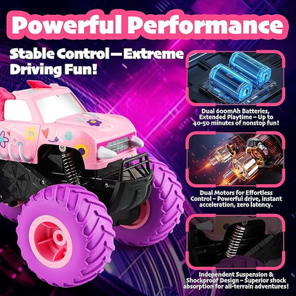 Threeking 1:16 Waterproof Pink RC Monster Truck Toys Amphibious Remote Control Car Pickup 4WD All-Terrain Toy Gift for Girls Ages 6 7 8 9 10 11 12 Durable Off-Road Fun for Indoor & Outdoor Play