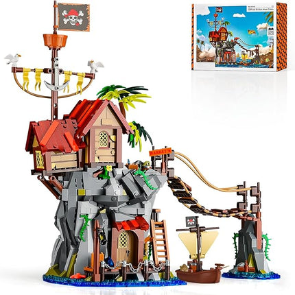 Pirate Cabin Building Sets for Adults,Pirate's House with Bridge and Ship in Island,Medieval Castle Skull Building Block Toy for Home Decor,Ideal Gift for Men Teens Kids Boys 8+(1044PCS)