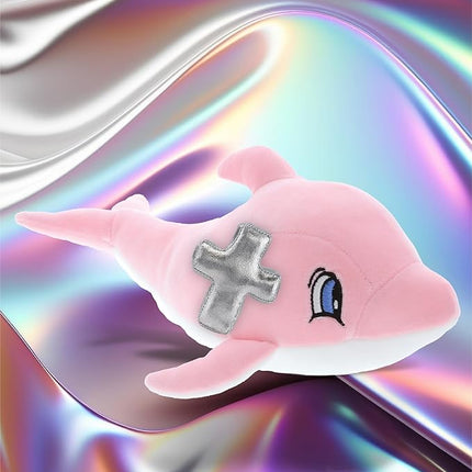DolliBu Pink Dolphin Stuffed Animal with Silver Cross Plush - Religious Baptism Gifts for Boys and Girls, Dedication Christening Gifts Plush Prayer Toy, Healing Stuffed Animal Toy - 12 Inches